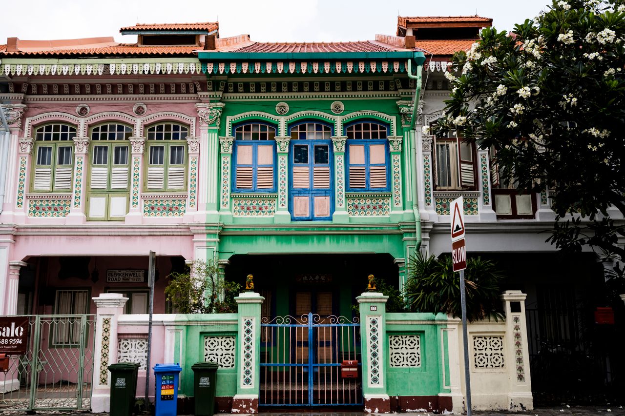 Vibrant Peranakan-style houses showcasing detailed architecture in Singapore.