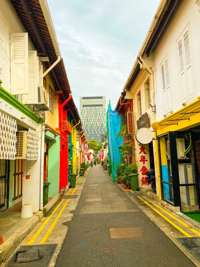 Vibrant alleyway in Singapore's Chinatown, showcasing colorful shophouses and cultural charm.